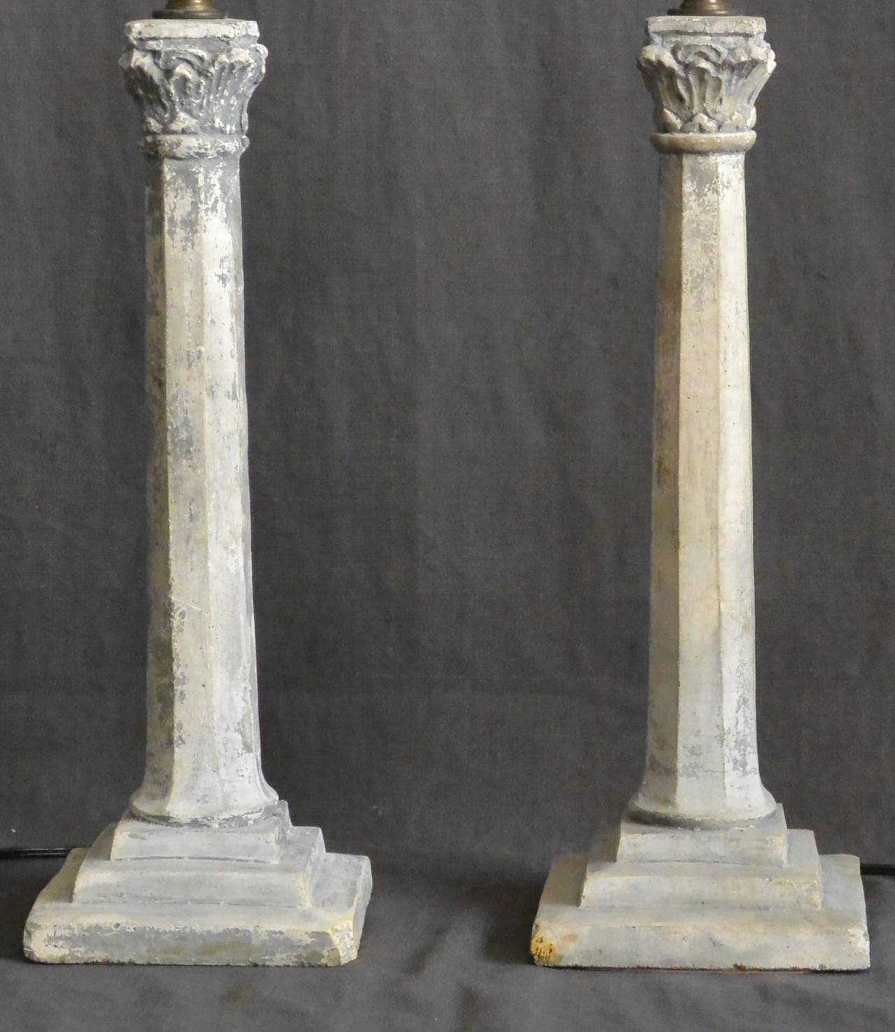 French Pair of Continental Plaster Column Lamps