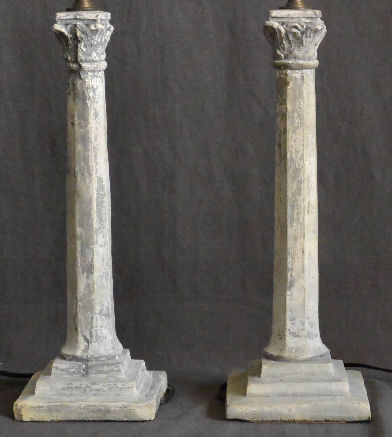 Hand-Crafted Pair of Continental Plaster Column Lamps