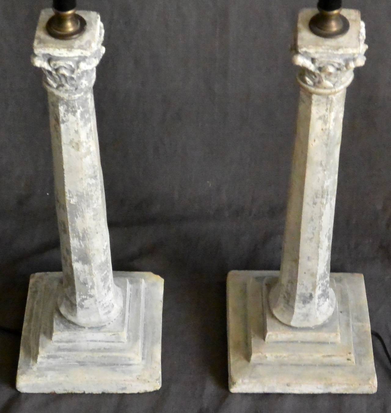 19th Century Pair of Continental Plaster Column Lamps