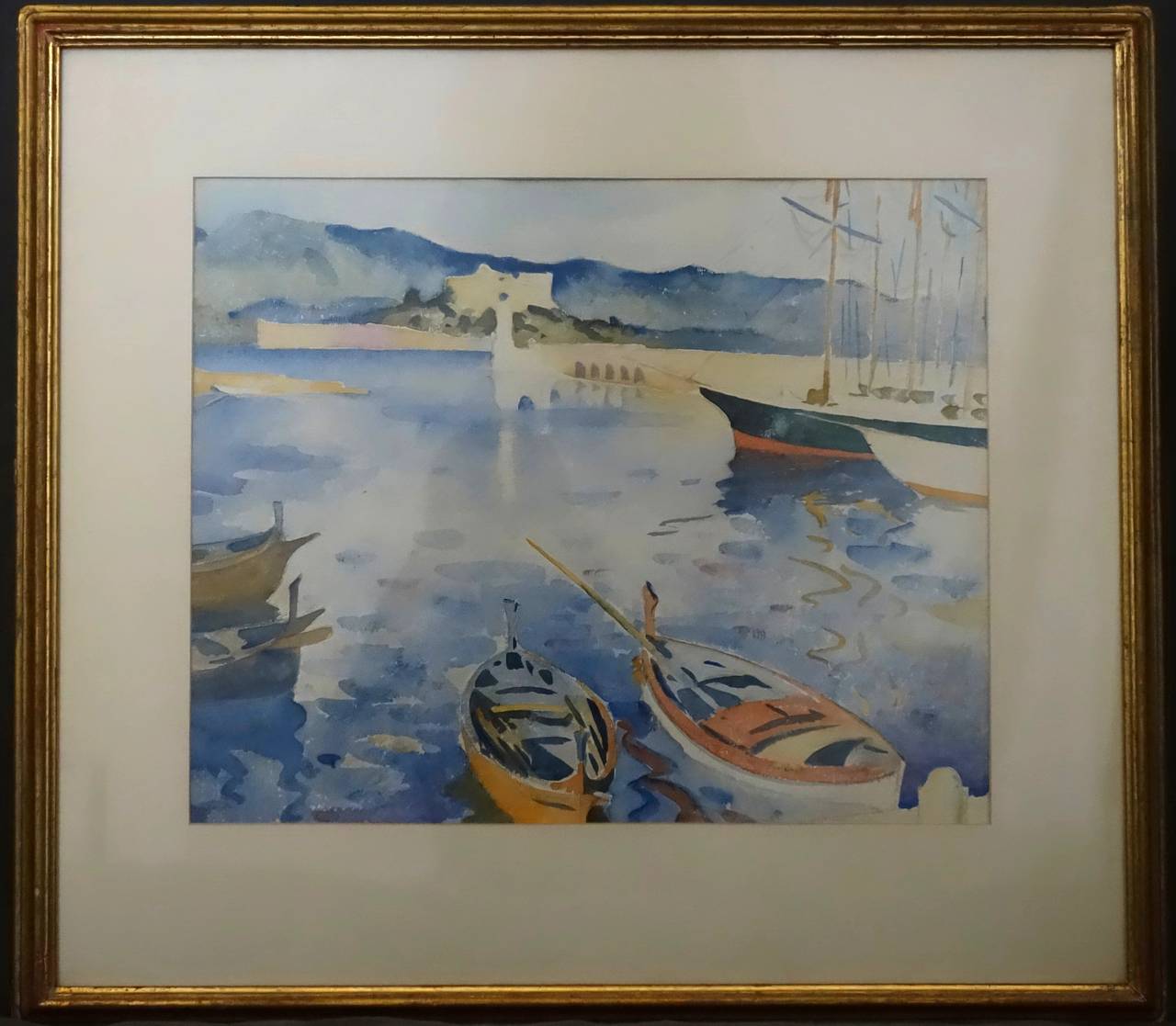 John Lavalle (1896-1971), Boats at San Remo. Nautical-themed gilt framed watercolor of the harbor at San Remo.  Italy, circa 1926. 
Dimension: Frame 24