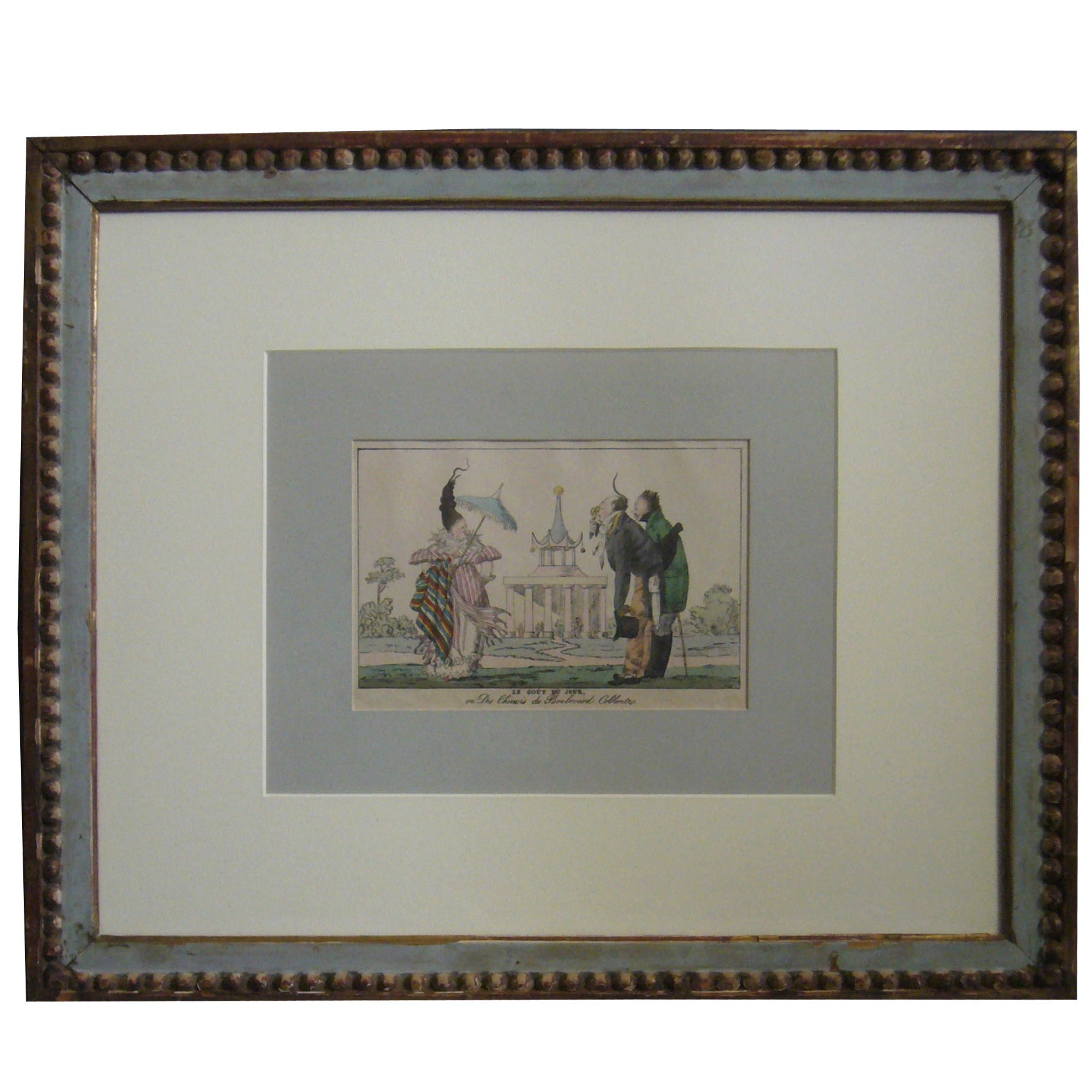 Chinoiserie Lithograph in Antique Blue and Gilt Frame