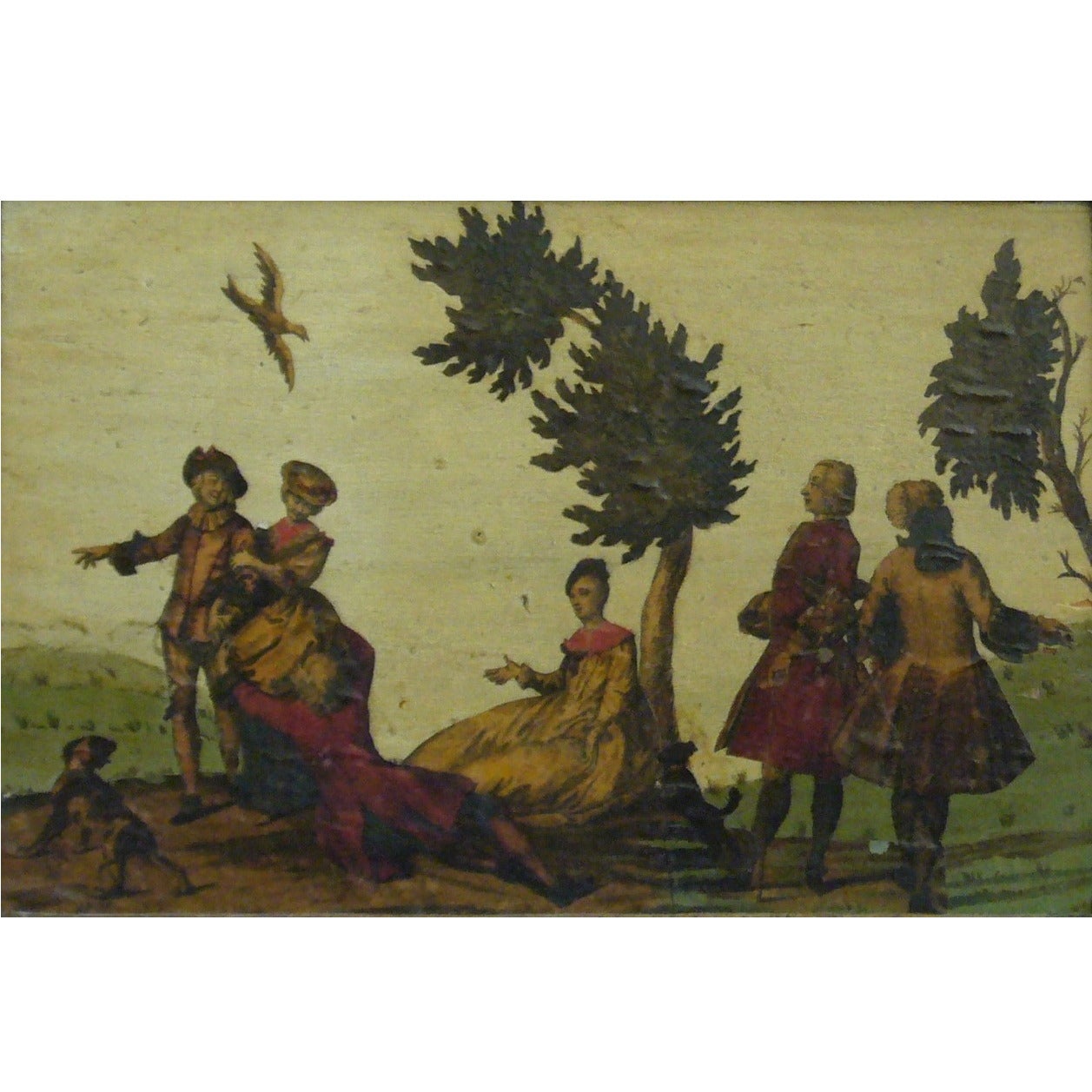 Decalcomania country scene lacquered on wood panel in gold painted frame.  Italy, 19th century. 
Dimension:14.5 
