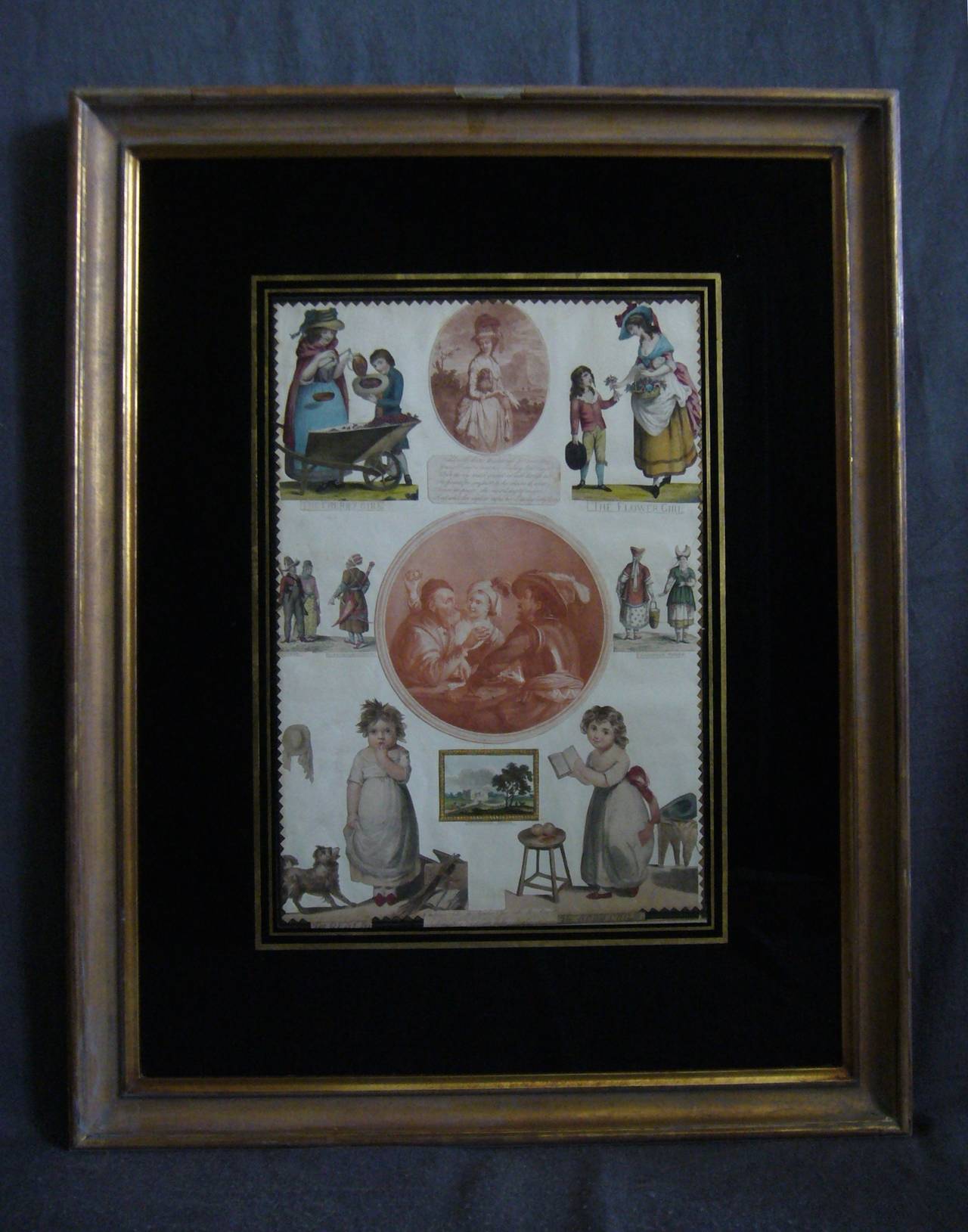 Good Girl Bad Girl decalcomania collage. Gilt framed and black-reverse painted mat with gilt edged decalcomania study of 