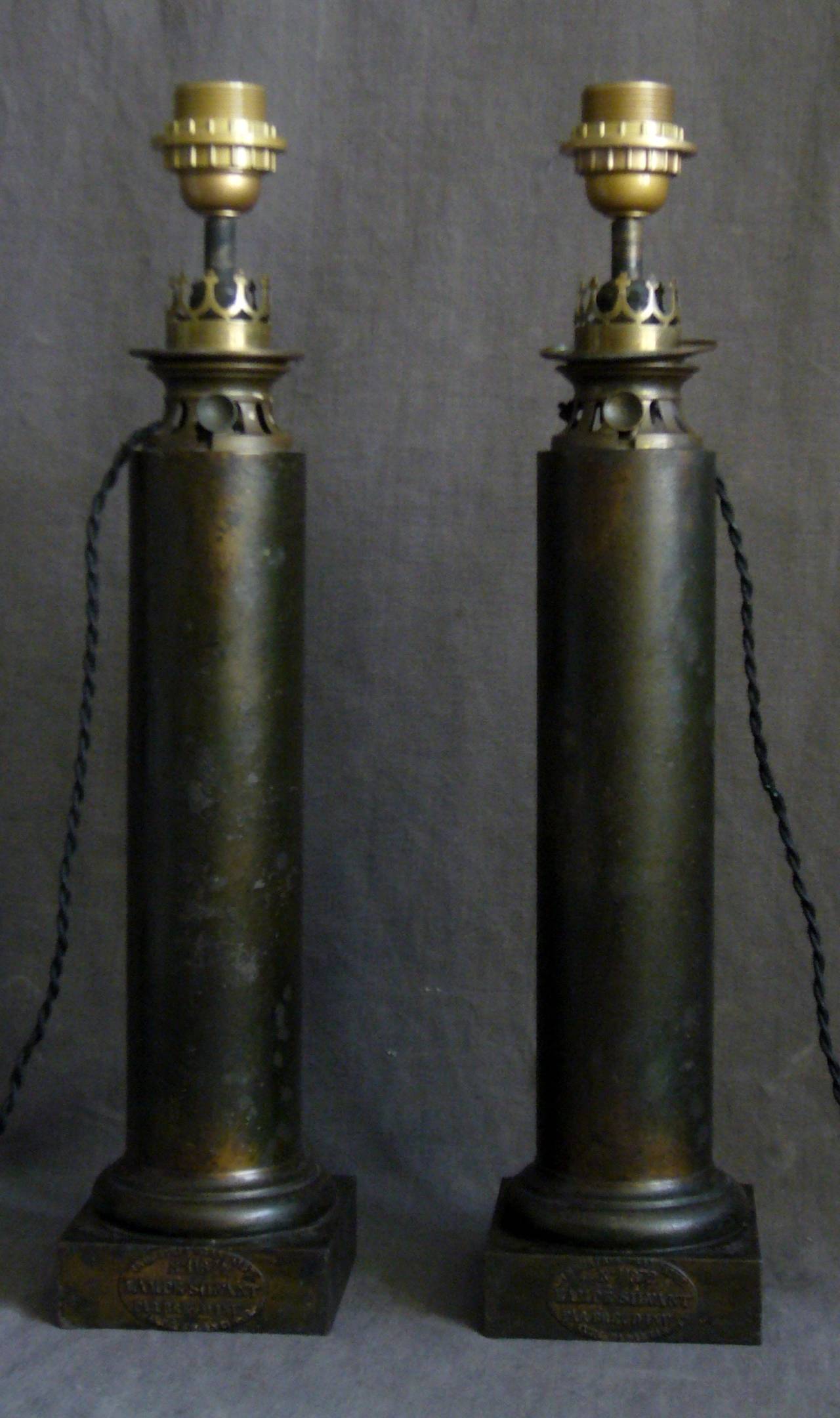 Pair French column oil lamps. Patinated bronze metal oil lamps; stamped 