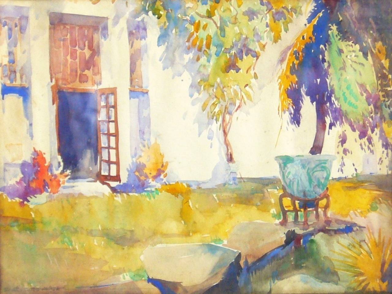 Staats Cotsworth (1908-1979). Spanish colonial California watercolor.  Framed vintage watercolor of Southern California Spanish colonial scene in yellow; signed lower left. United States, mid 20th century. 
Dimension: 19.75