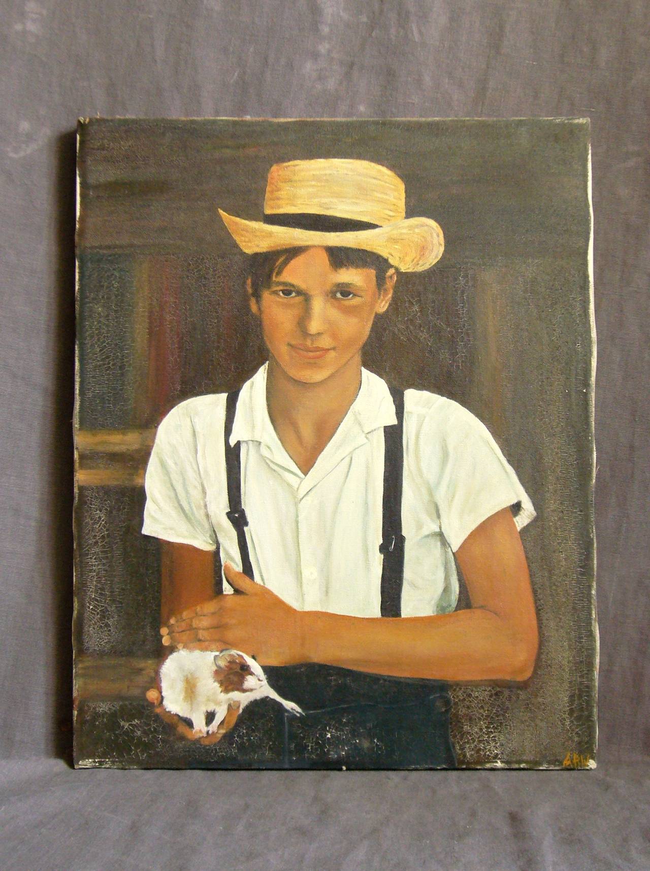 Amish boy painting.  Charming vintage oil on canvas of country farm boy in a barn, labeled  
