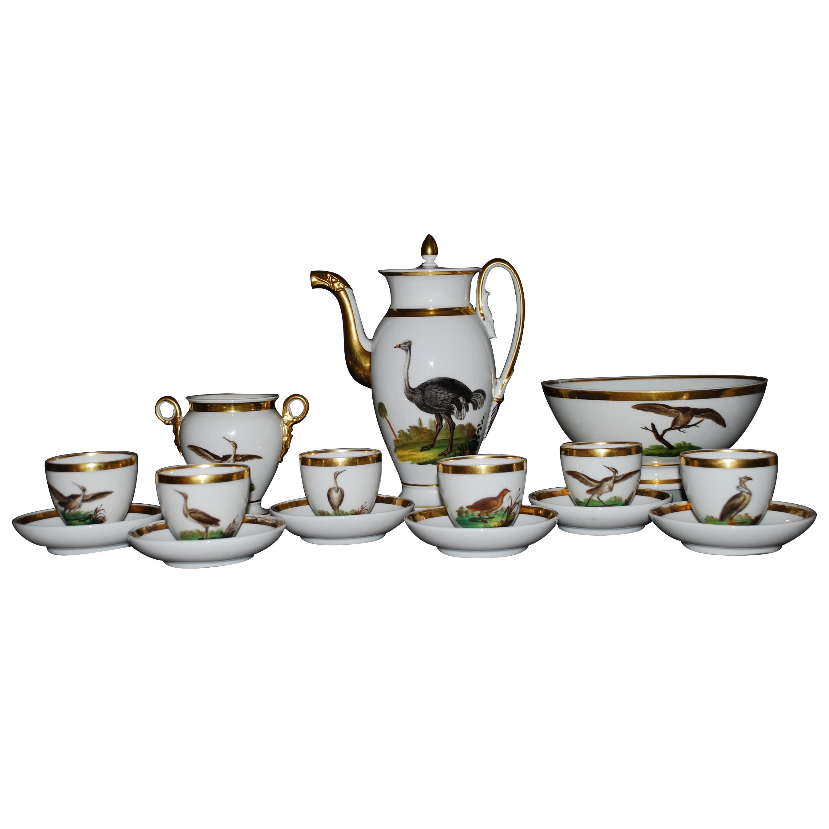 Paris porcelain bird coffee service. French Empire gilt porcelain ornithological coffee service for six with hand painted exotic birds. Coffee pot with ostrich and emu, bowl with eagles, sugar pot with herons and six cups and saucers with various