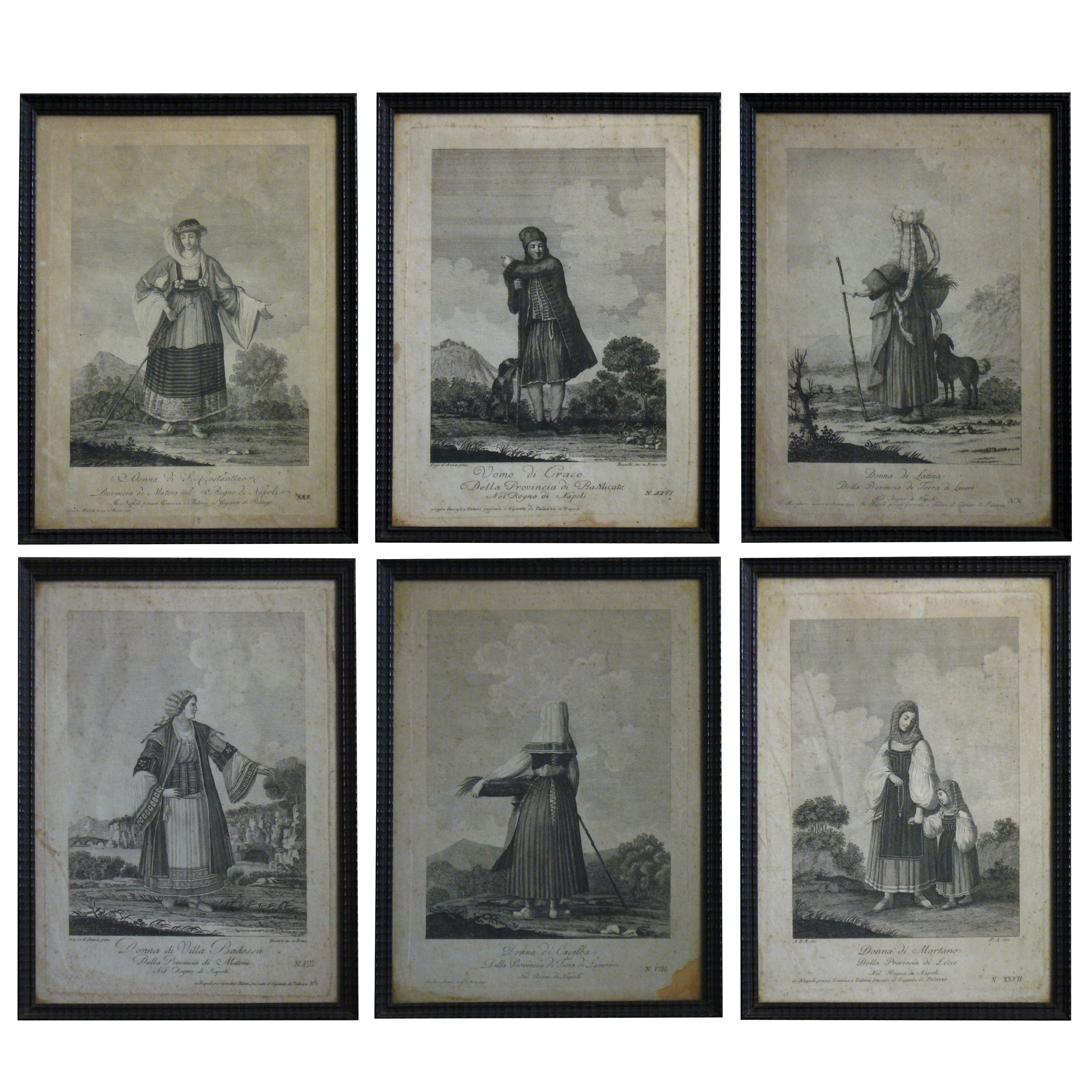 Set of six engravings of Italian regional dress. Set of six framed antique engravings from a series of Italian regional dress after Alessandro d'Anna, engraved by Bianchi in Rome circa 1791. 
Dimension: 10