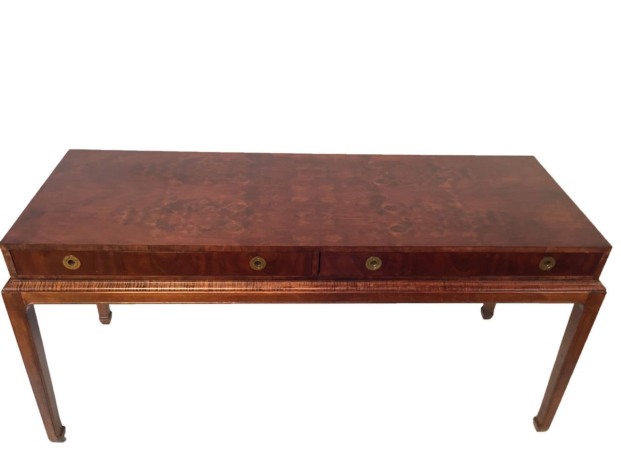 Asian Campaign style desk or console by Henredon. Burl veneered top has the appearance of resting on base. Inlaid brass pulls. Rosewood stain satin luster  finish in usable condition or re-lacquer to suit.