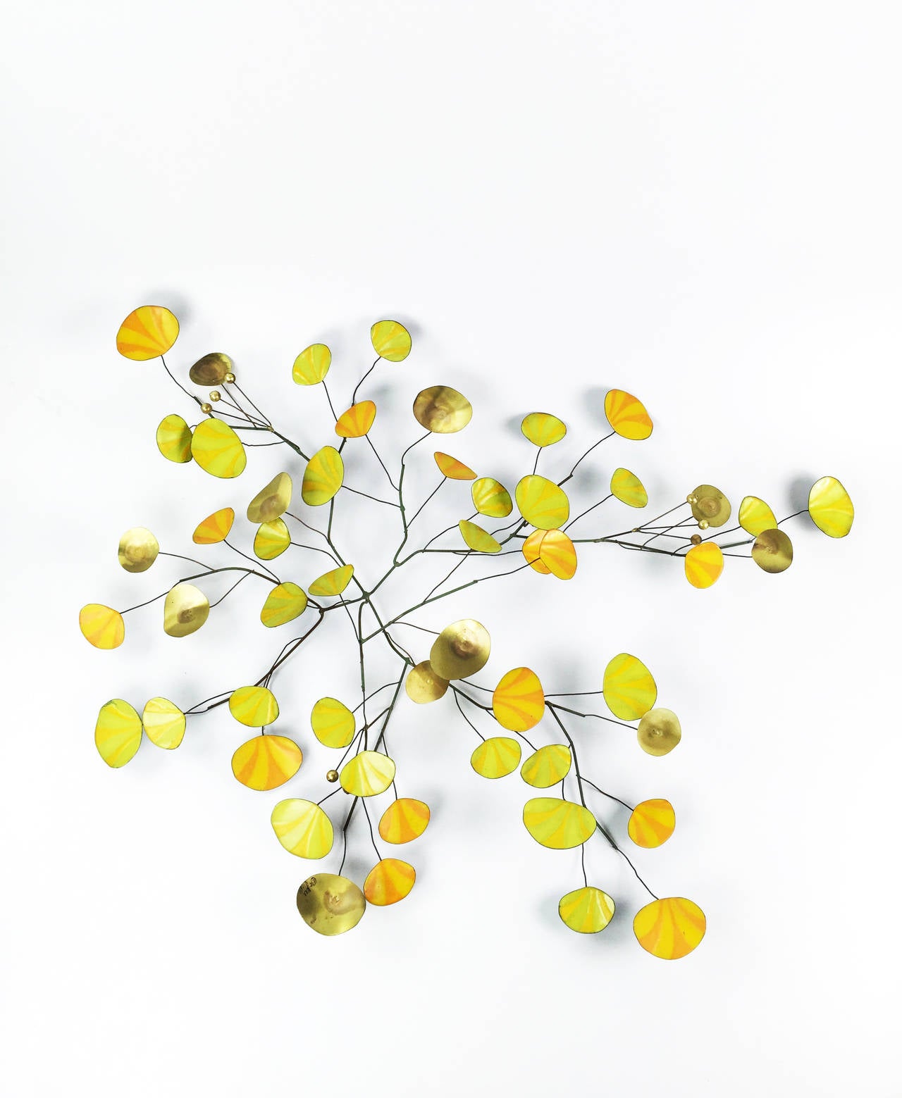 Lovely enamel yellow and orange striped leaves on brass with a few brass berry clusters. Vibrant and refined.