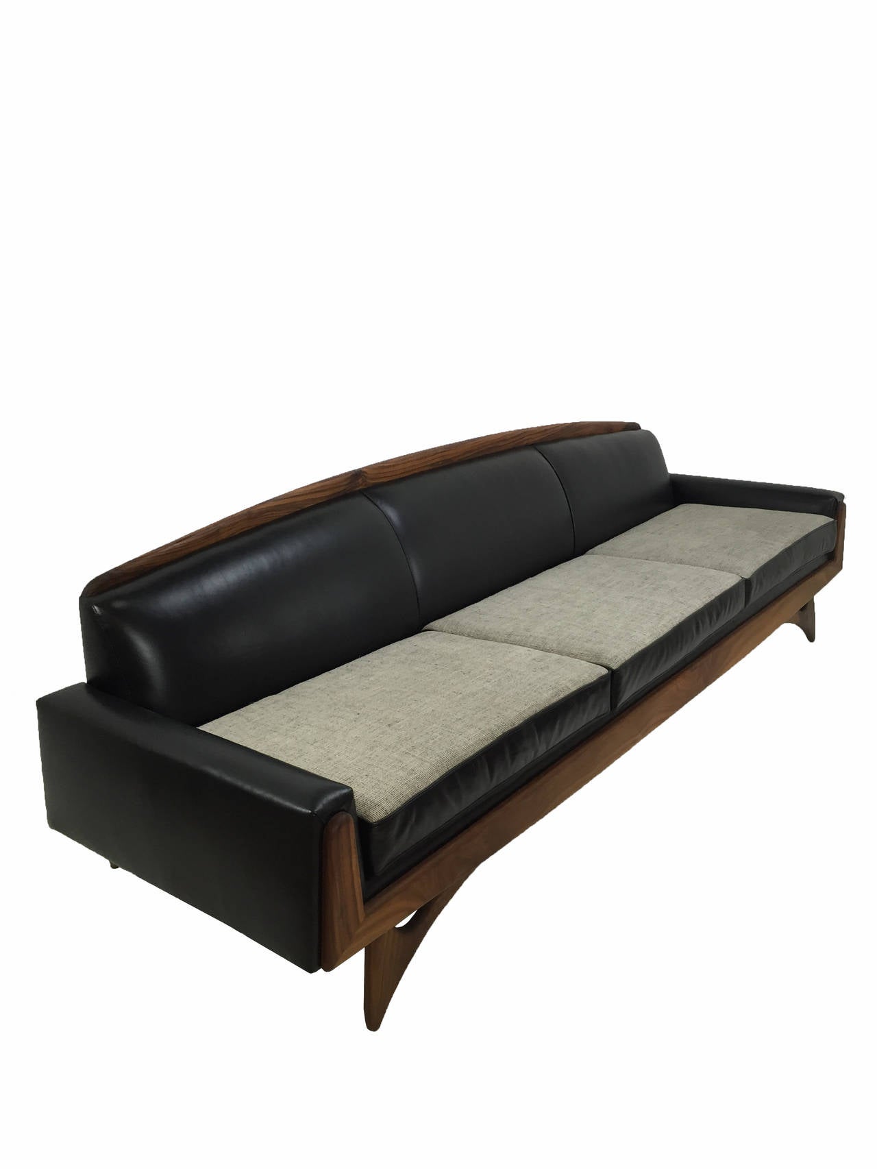 Modern Handsome Adrian Pearsall Sofa in Walnut and Black Leather