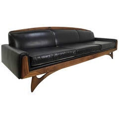Handsome Adrian Pearsall Sofa in Walnut and Black Leather