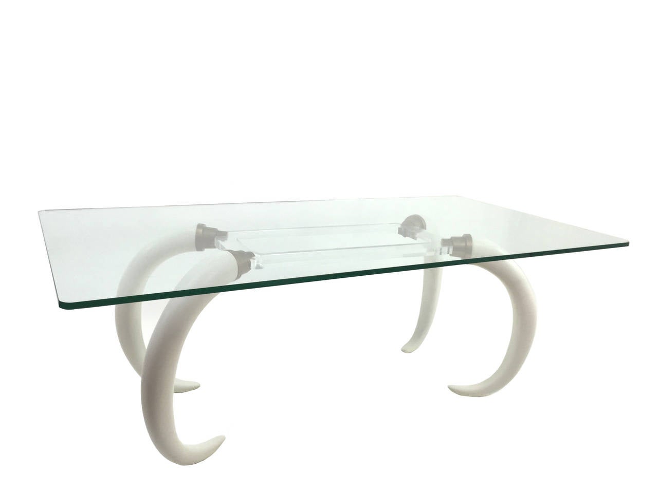 A dramatic and unusual combination of lucite, brass, and monumental resin tusks. Designed by Suzanne Dahl & Jerry Barich for the Versailles Collection ca. 1977. 8' Glass Top will not ship.