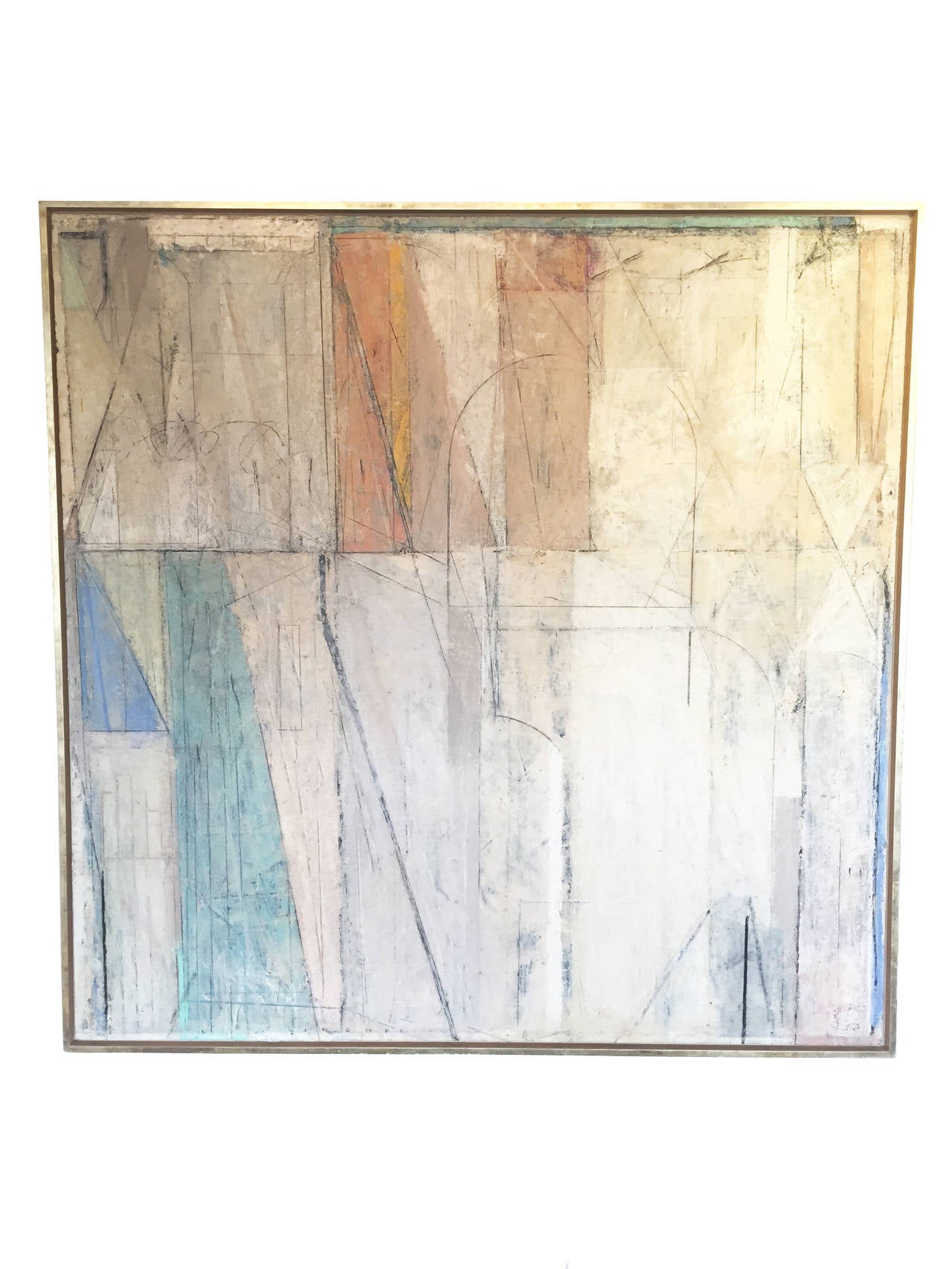 American artist John Belingheri faithfully pays homage to California Abstraction a la Richard Diebenkorn and his soft geometric work of the mid-1970s in this masterful late 1980s oil and encaustic painting on canvas.