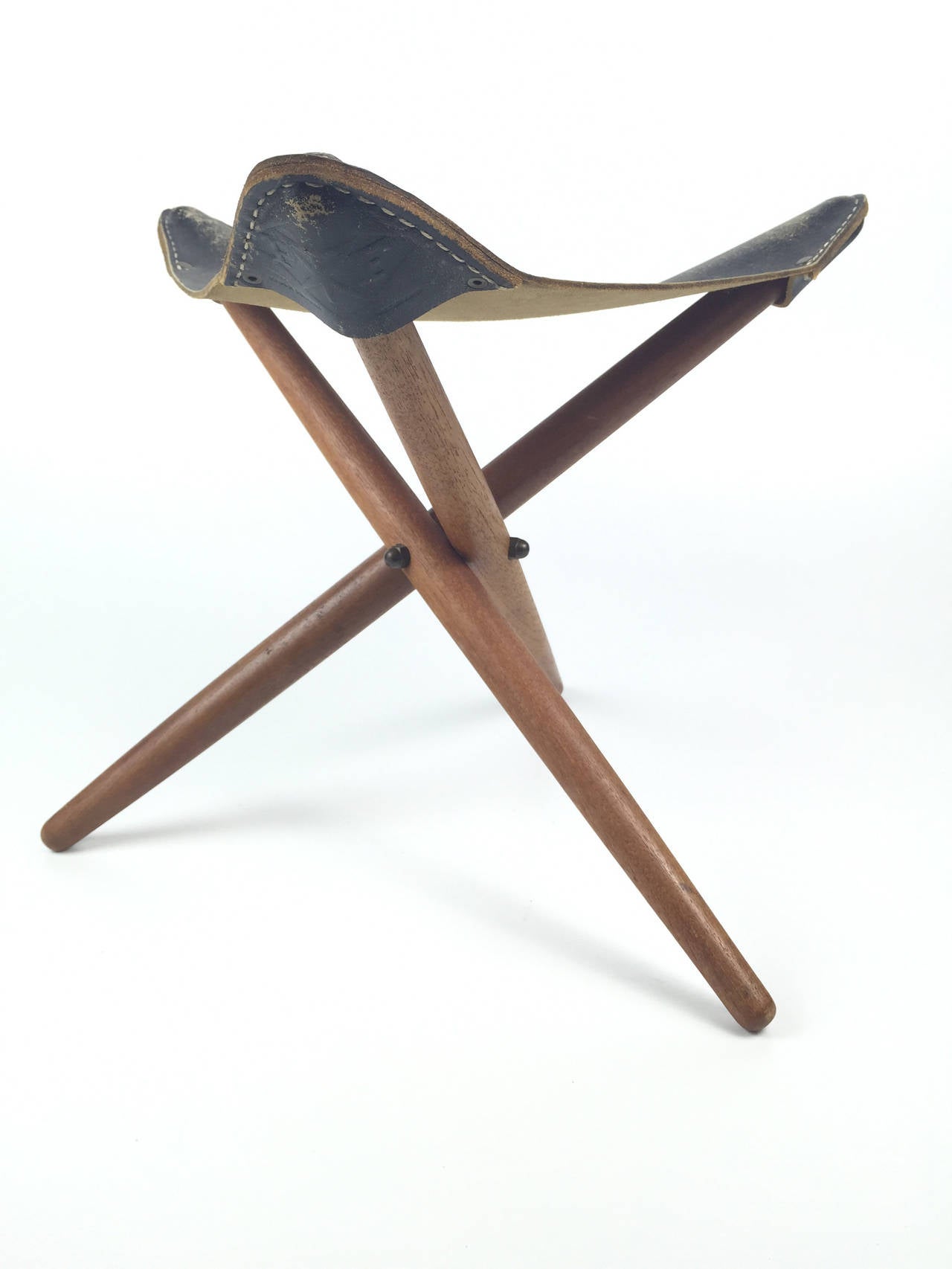 Danish Teak and Leather Folding Tripod Safari Stool