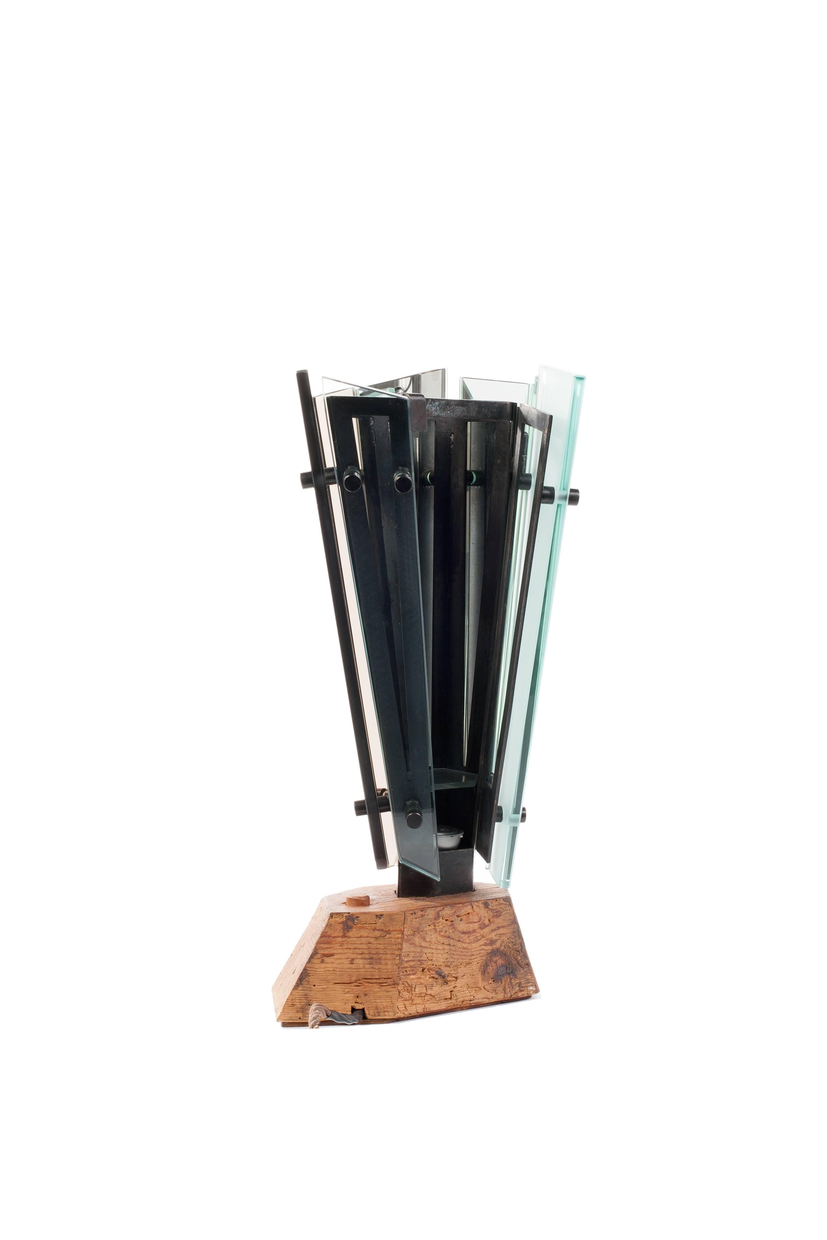 Contemporary Medium Table Lamp 4 in Local Blackened Steel with Italian Glass For Sale