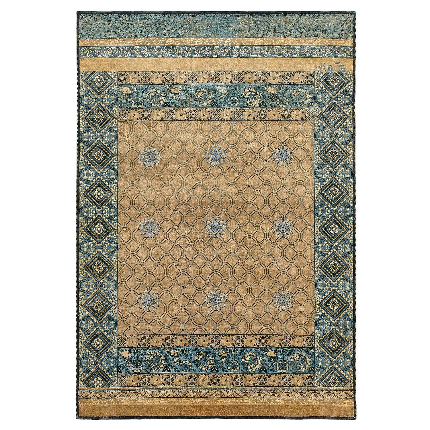"Mahtab Bagh" Blue Beige Hand-knotted Area Rug in Wool, Silk, In Stock For Sale