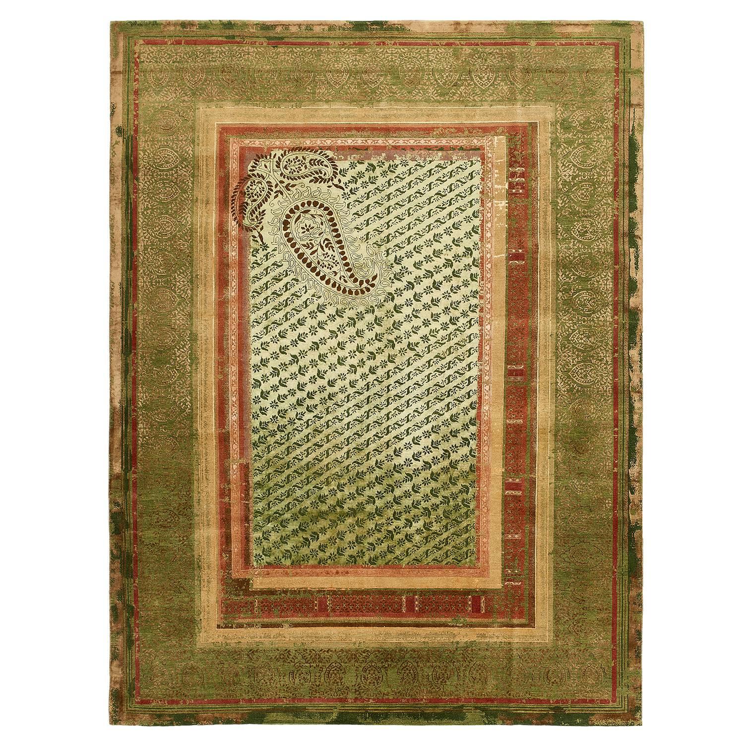 "Paisley Panorama" Green Hand-knotted Area Rug Wool, Silk Rug, In Stock For Sale