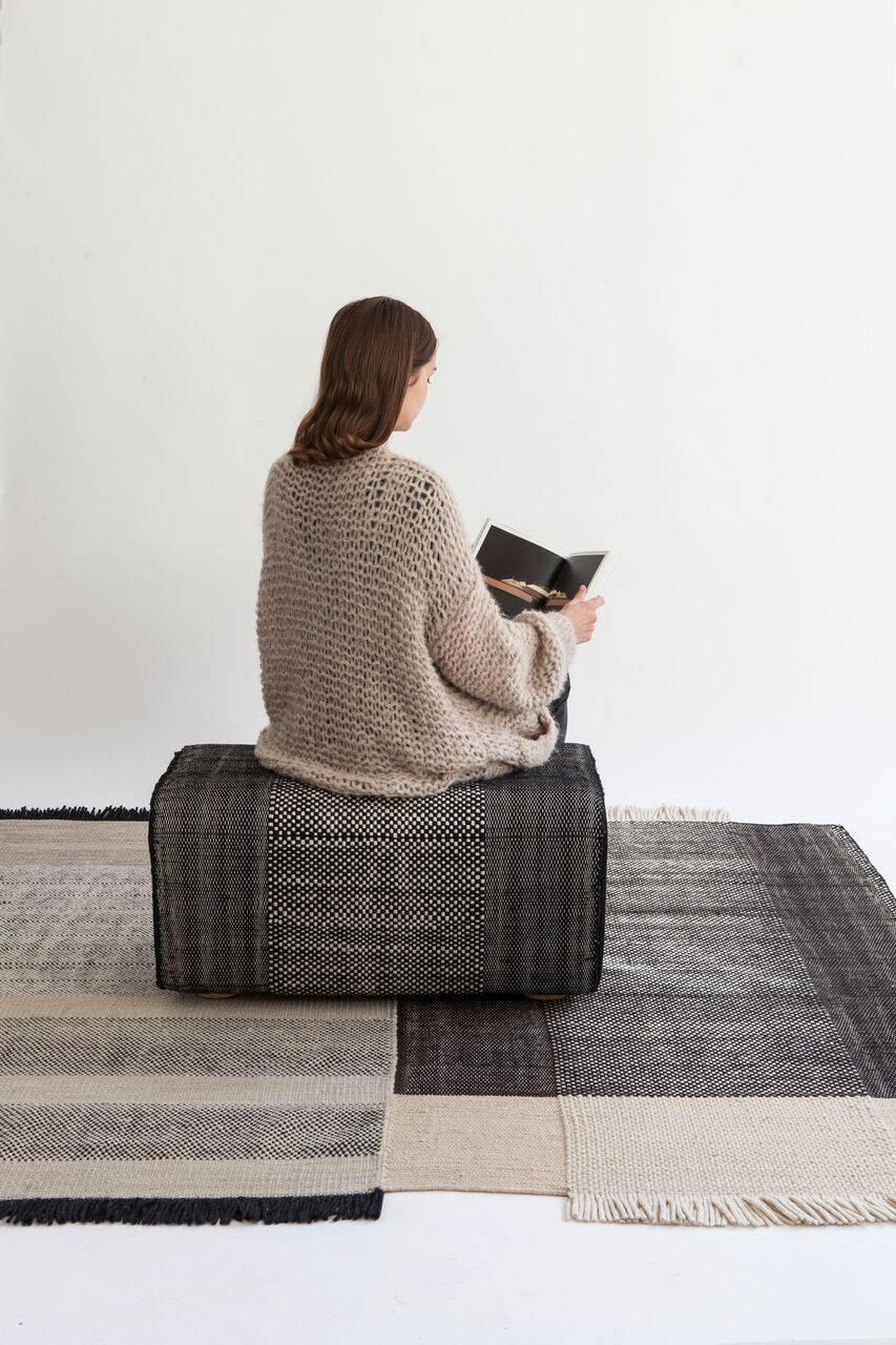 Indian Tres Collection Black Hand-Loomed Wool and Felt Pouf by Andreu Carulla in Stock