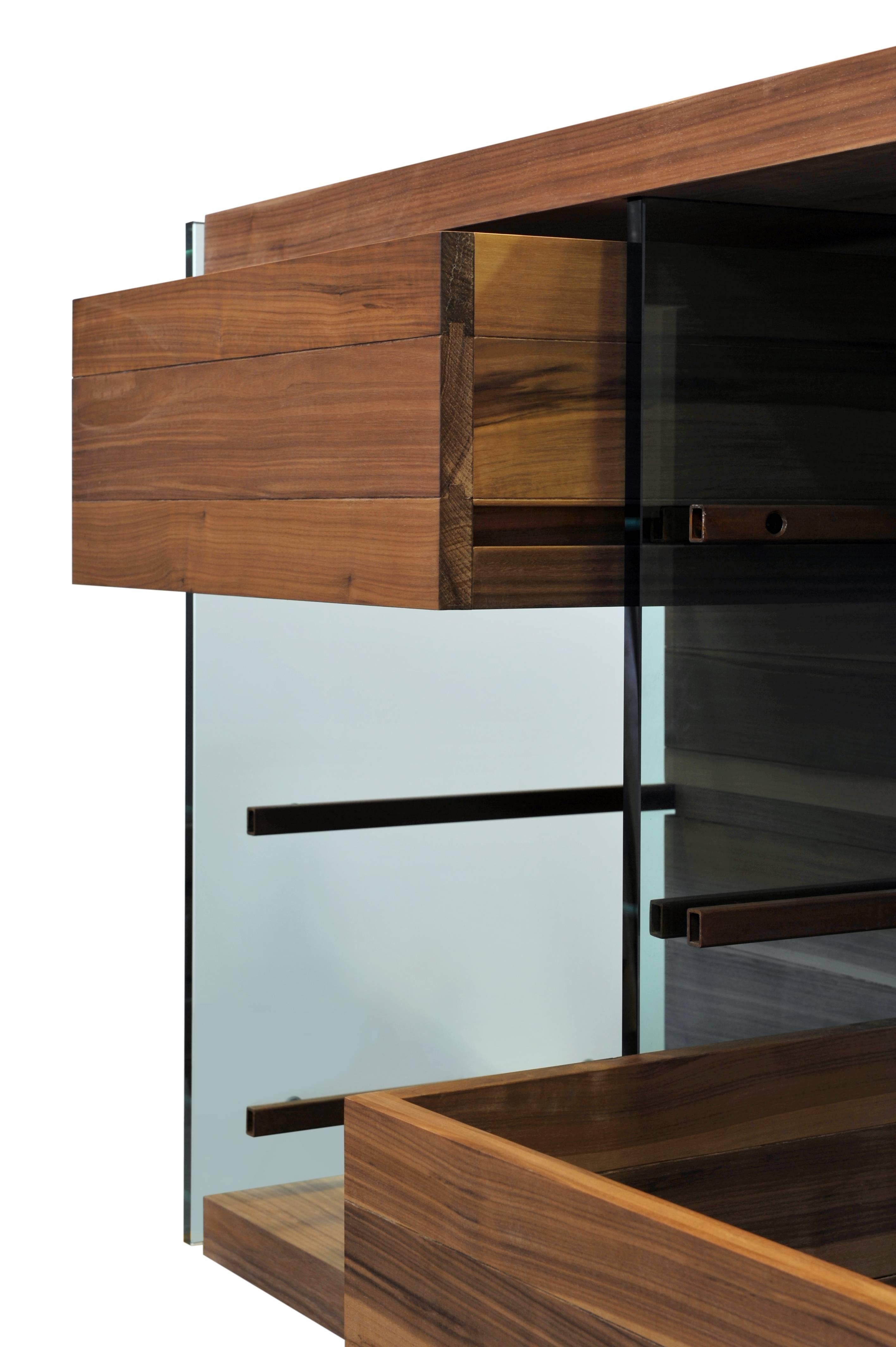 Contemporary Armoire with Italian Steel Frame, Black Walnut and Glass Accents In New Condition For Sale In NEW YORK, NY
