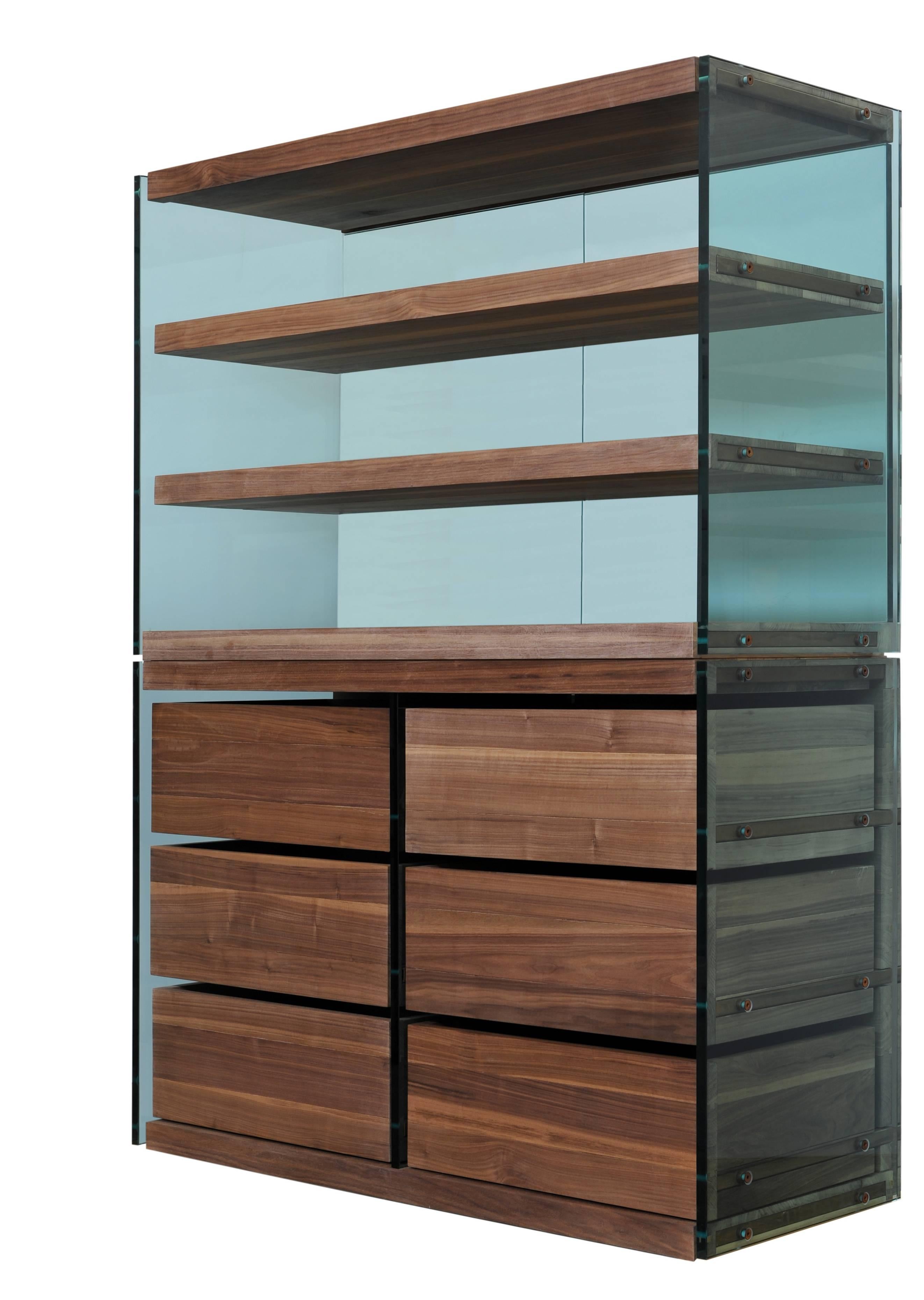 Contemporary Armoire with Italian Steel Frame, Black Walnut and Glass Accents For Sale 3