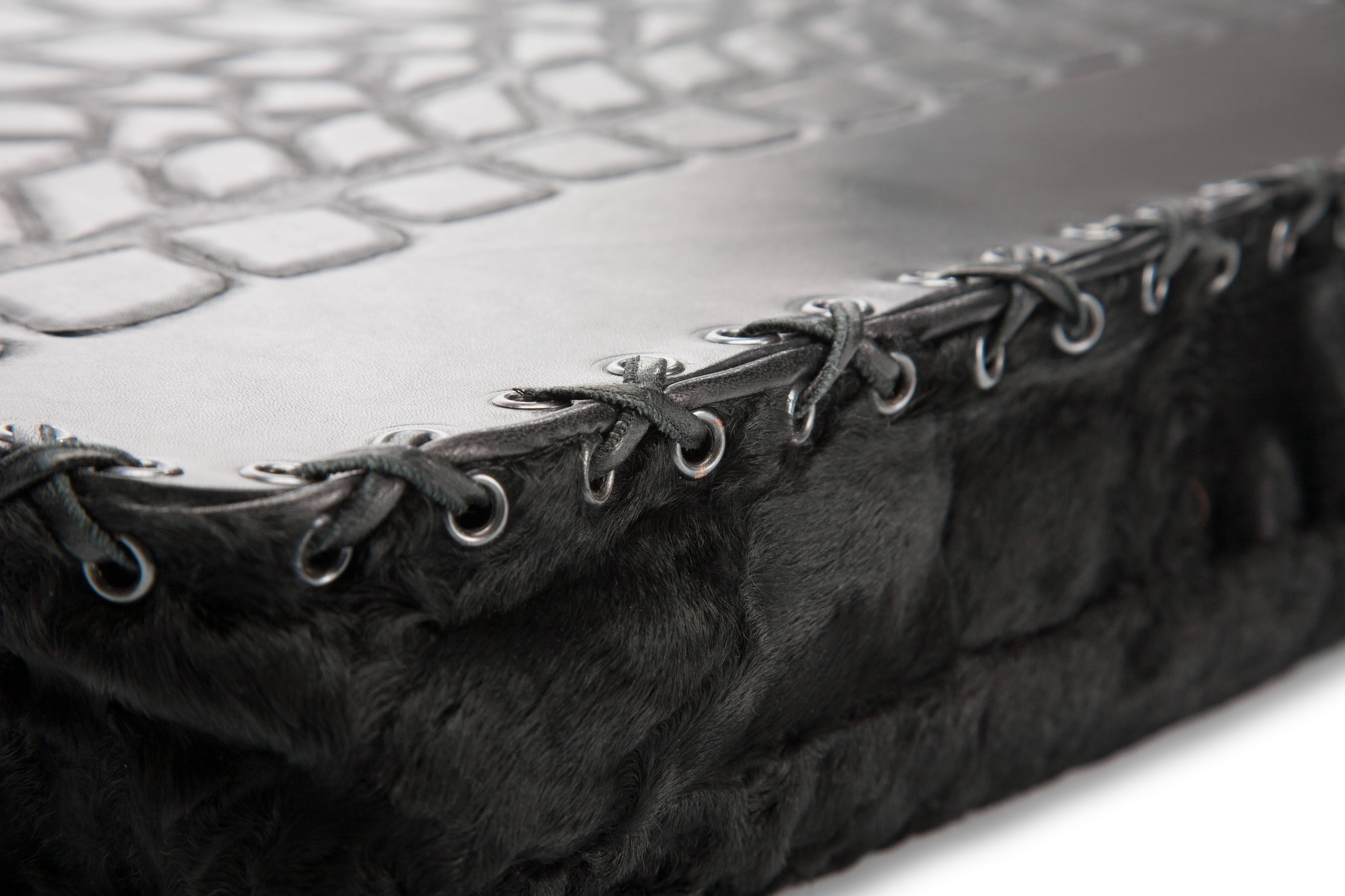 Contemporary Natural Black Cashmere and Recycled Astrakhan Fur and Leather Clean Pillow For Sale