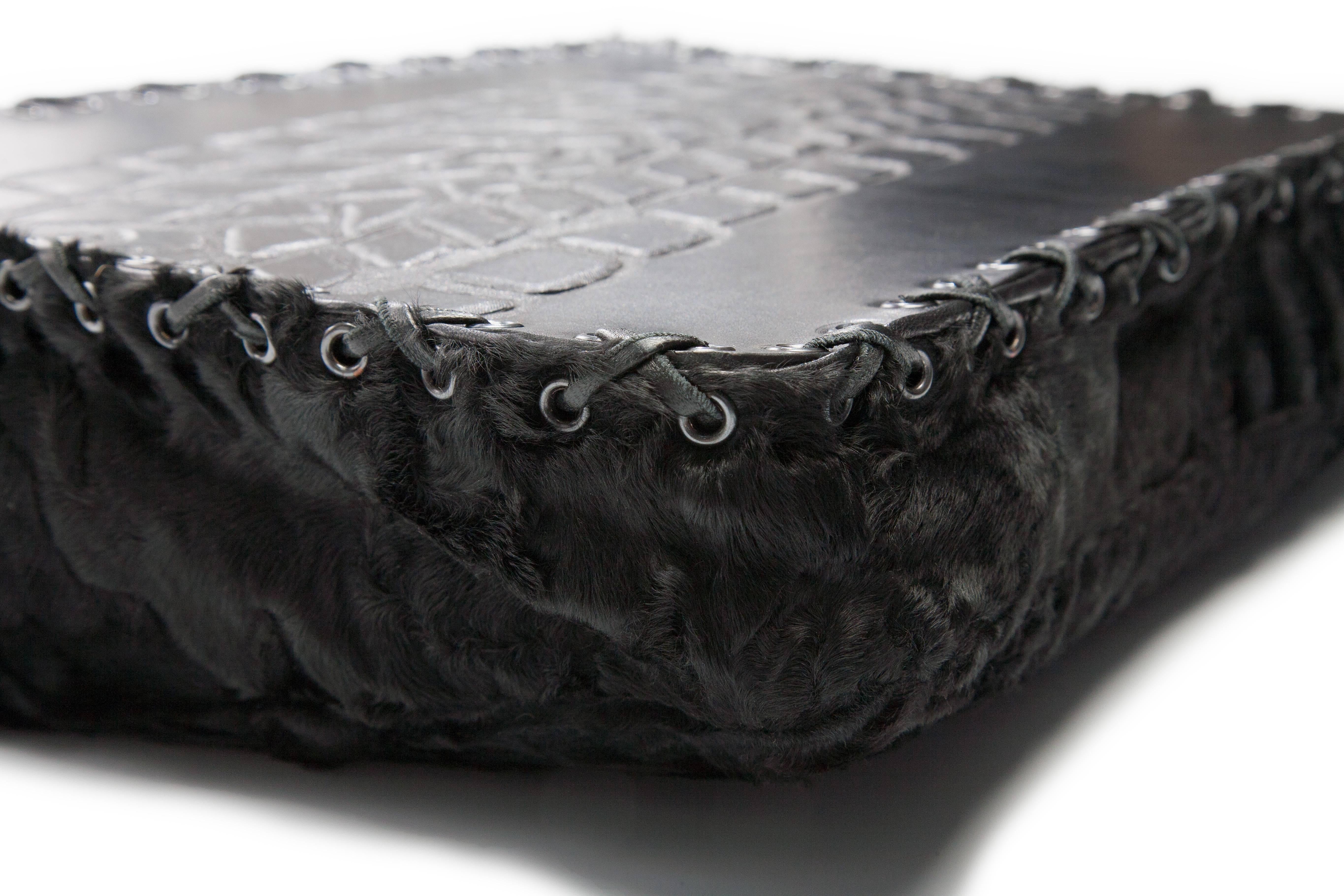 Natural Black Cashmere and Recycled Astrakhan Fur and Leather Clean Pillow In New Condition For Sale In NEW YORK, NY