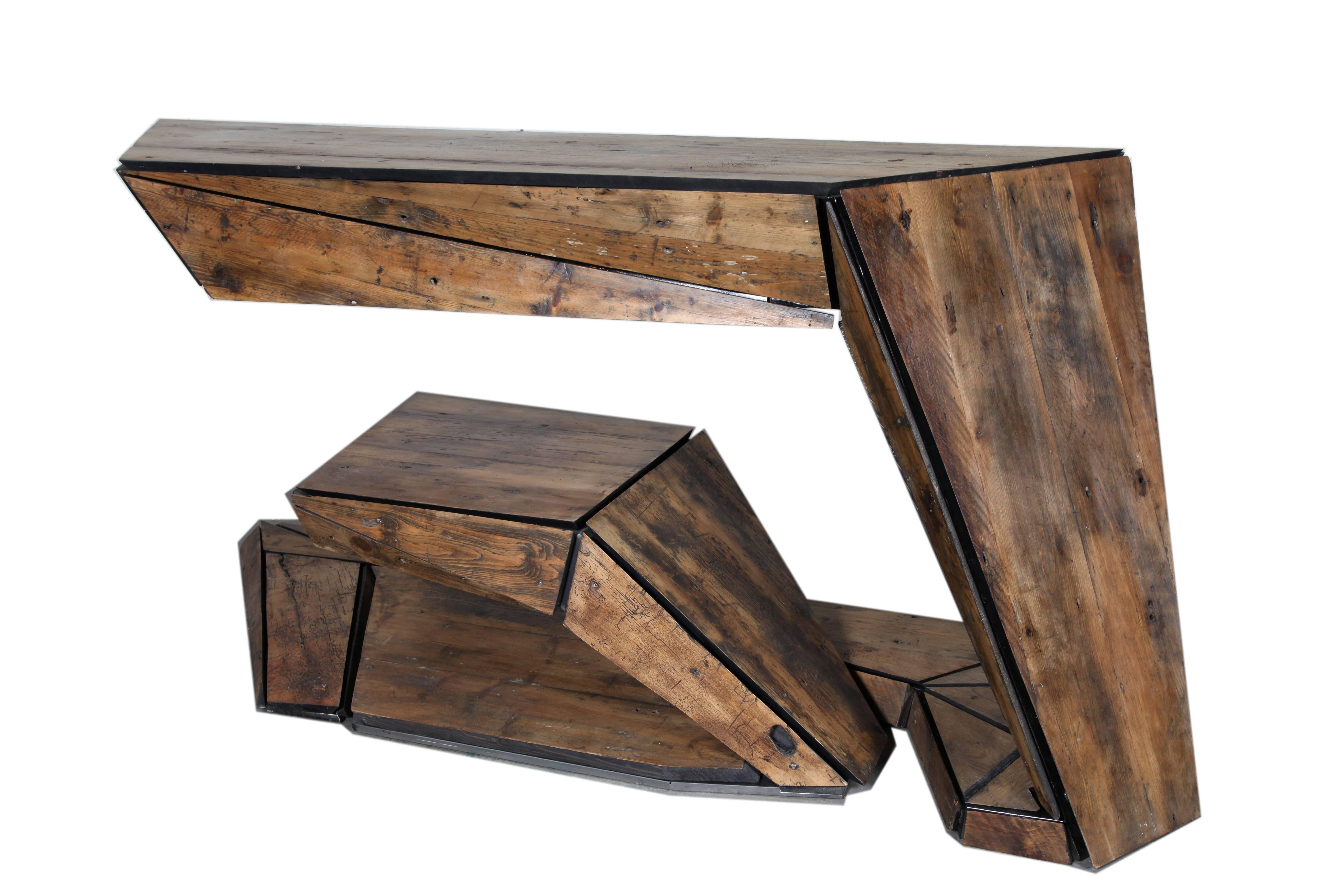 Modern Italian-Made Two-Desk Set in 18th Century Pinus Cembra & Steel Sourced in Italy For Sale