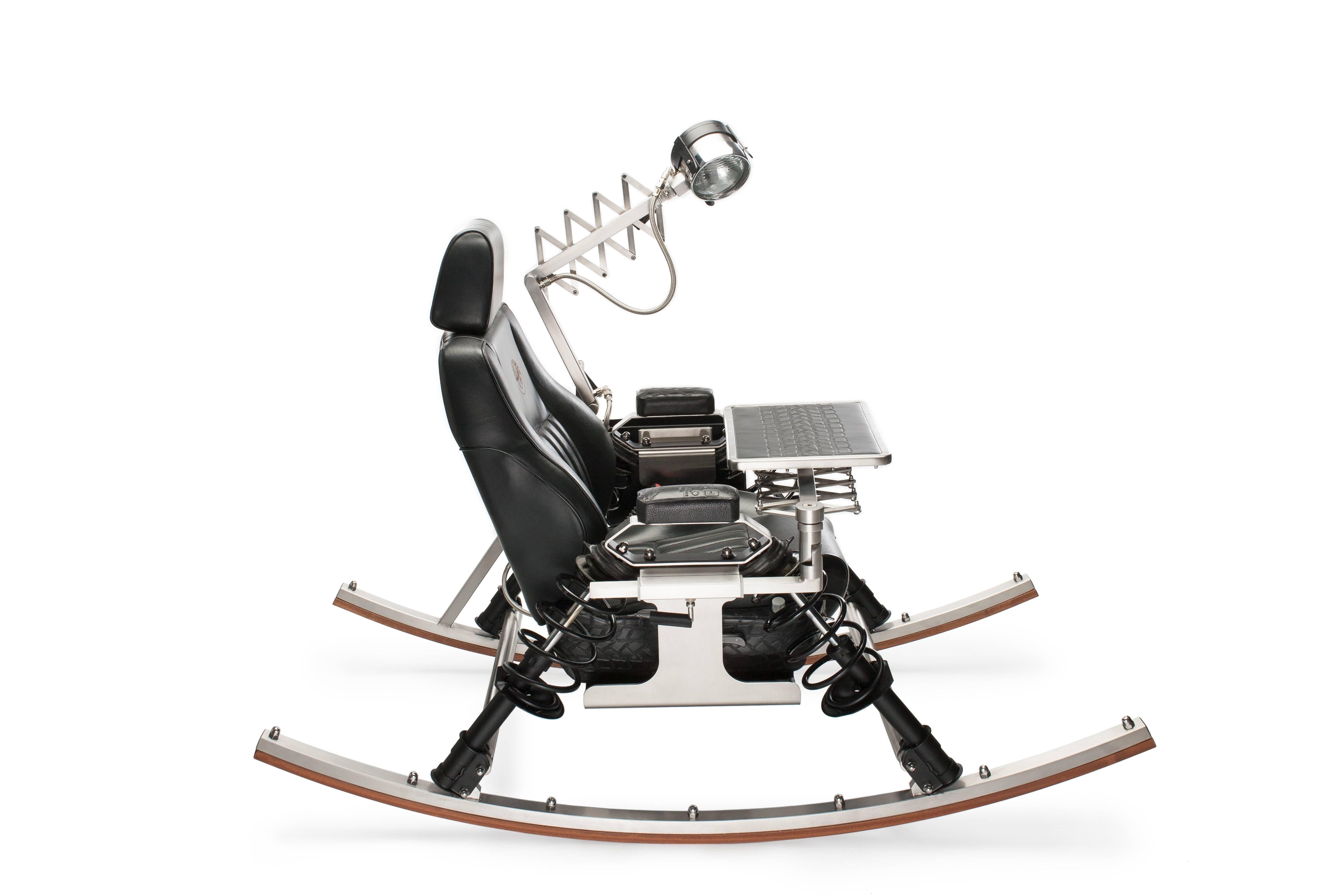 Modern Dondolo Lounge Chair in Black with Stainless Steel, Recycled Leather & Mahogany For Sale