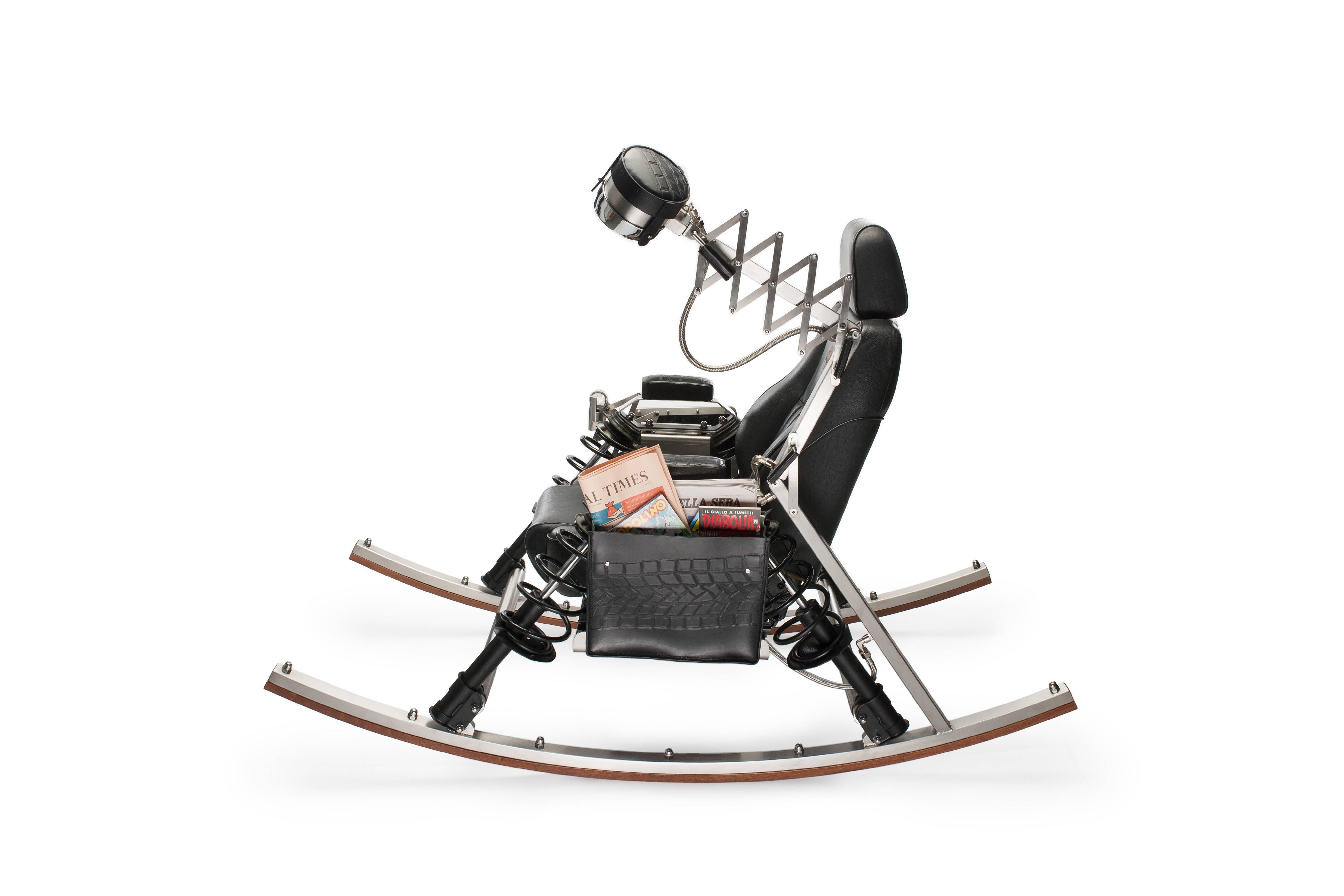 Moderne Chaise longue Dondolo en noir avec acier inoxydable, cuir recyclé et acajou en vente
