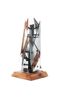 Large Table Lamp 5 in Local Blackened Steel with Glass and Pinus Cembra Base