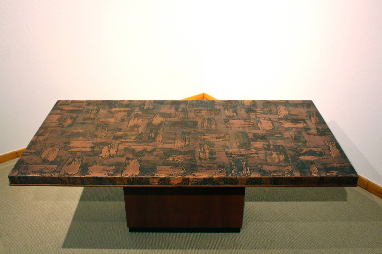 French 1970' Brutalist Style Coffee Table in Wood Covered with a Copper Patina Table Top Plate.

Table Top height : 5 cm

Base Table : 60 x 30 cm

Attributed to Bernhard Rohne.
Worldwide shipping possibilities.