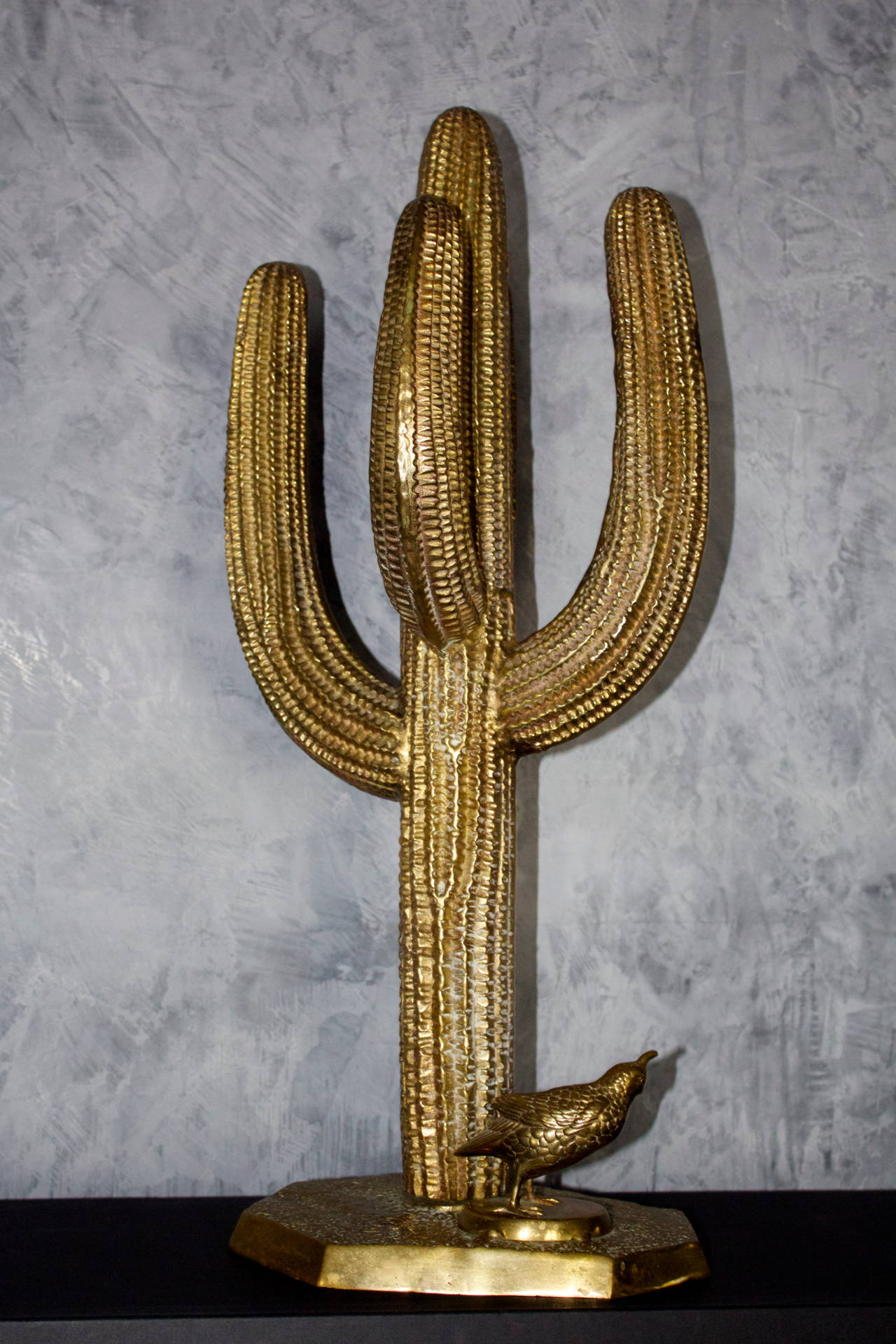 Romantic Bronze Cactus and Bird Sculpture from Mexico, 1970s