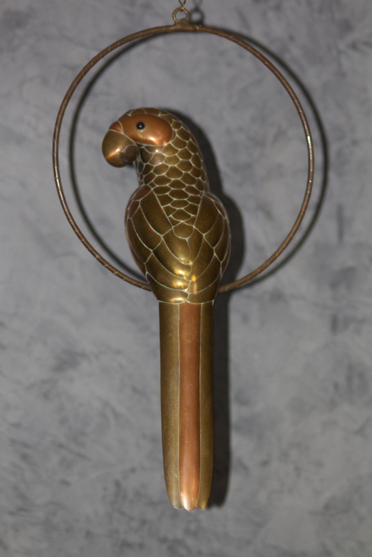 Mexican Sergio Bustamante Brass Copper Parrot Sculpture on Circular Stand, 1960s For Sale
