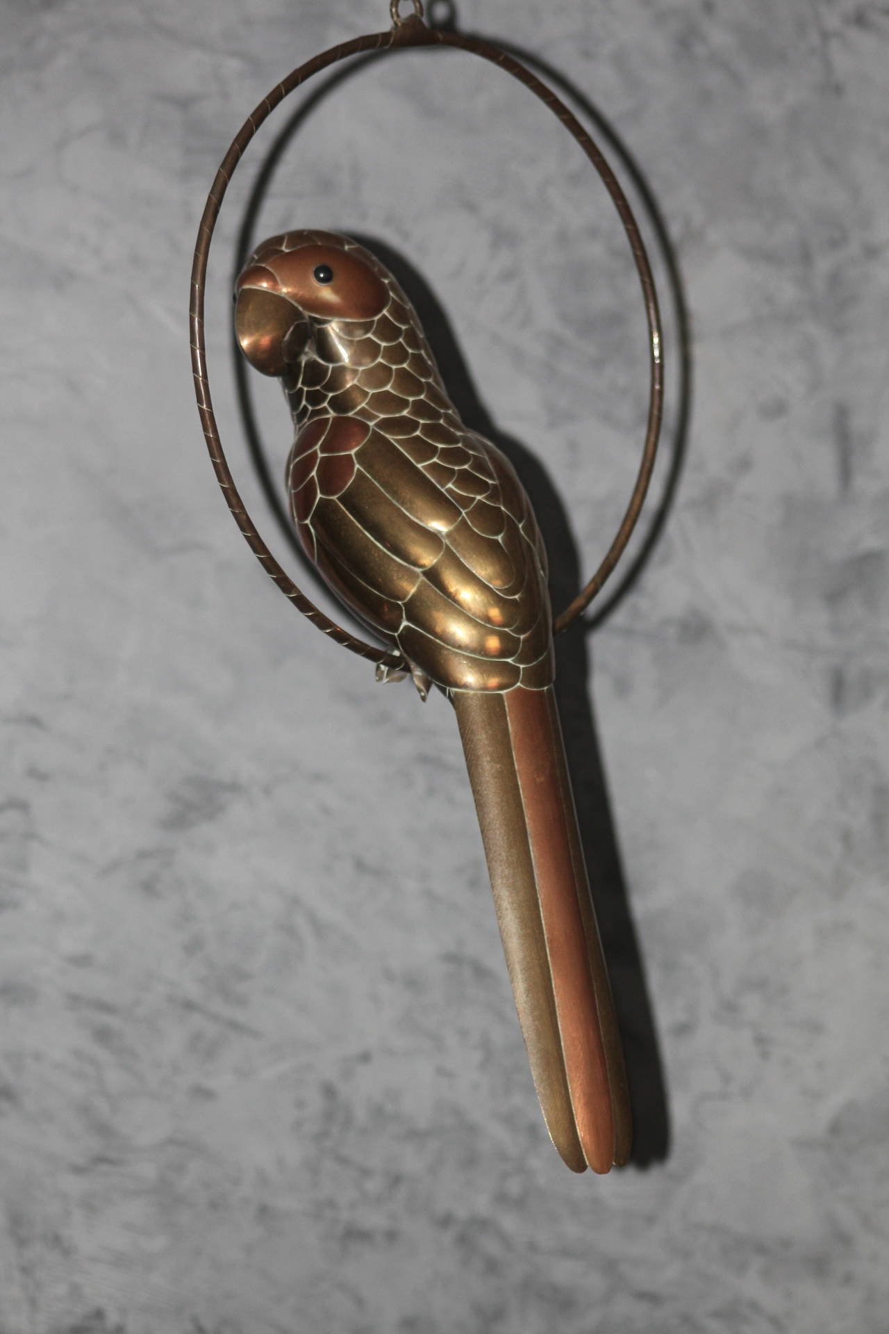 Découpage Sergio Bustamante Brass Copper Parrot Sculpture on Circular Stand, 1960s For Sale