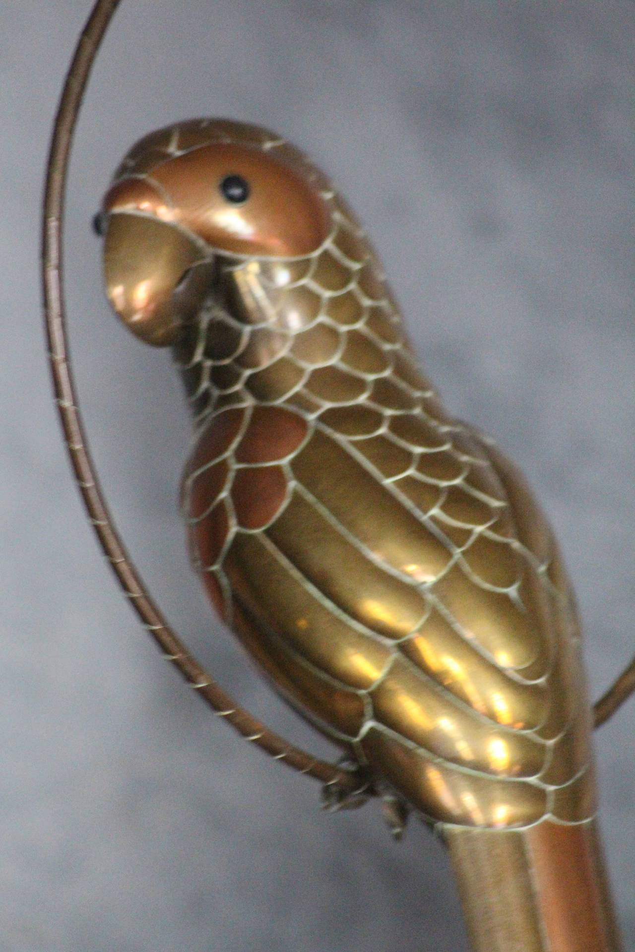 Mid-Century Modern Sergio Bustamante Brass Copper Parrot Sculpture on Circular Stand, 1960s For Sale