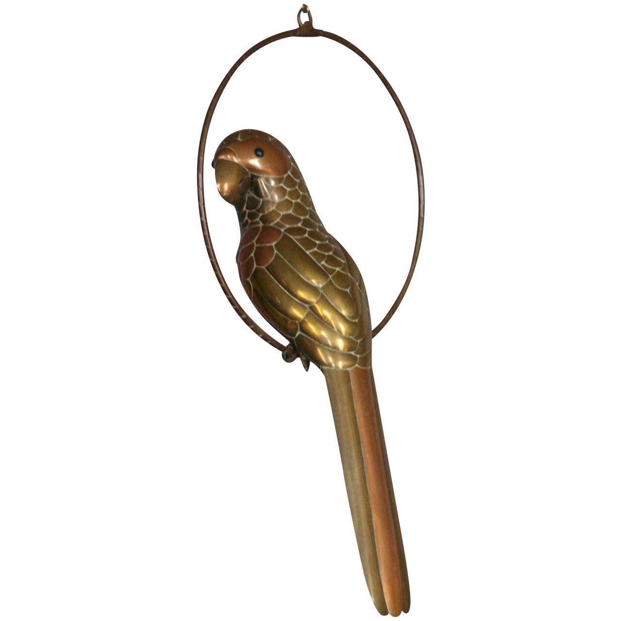 Sergio Bustamante Brass Copper Parrot Sculpture on Circular Stand, 1960s For Sale
