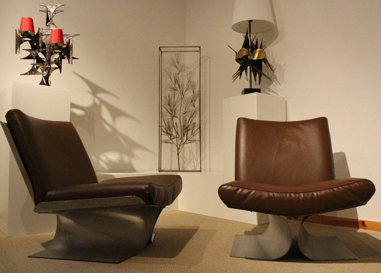 Leather Pair of French Stainless Steel Chairs by Xavier Freal, circa 1971