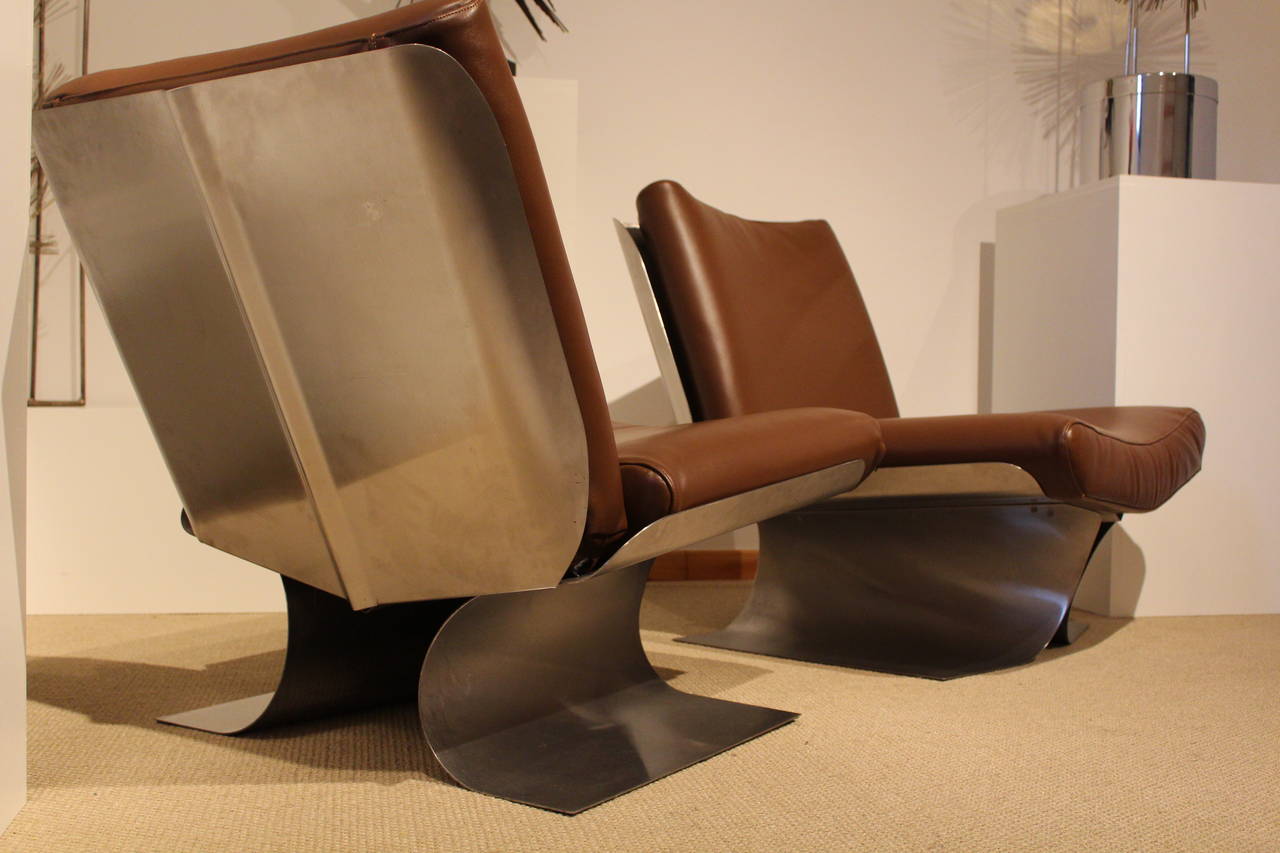 Late 20th Century Pair of French Stainless Steel Chairs by Xavier Freal, circa 1971