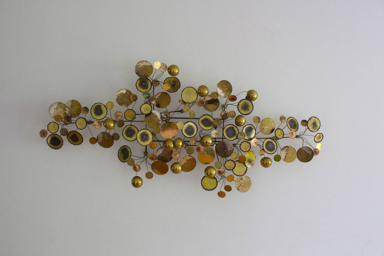 American Large Brass Raindrops Wall Sculpture by Curtis Jere, Signed and Dated 1975