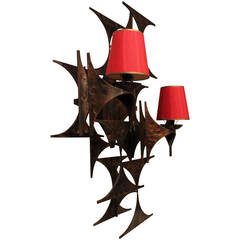A 1970's Brutalist Patinated Iron Wall Sconce Scupture Wall Lamp