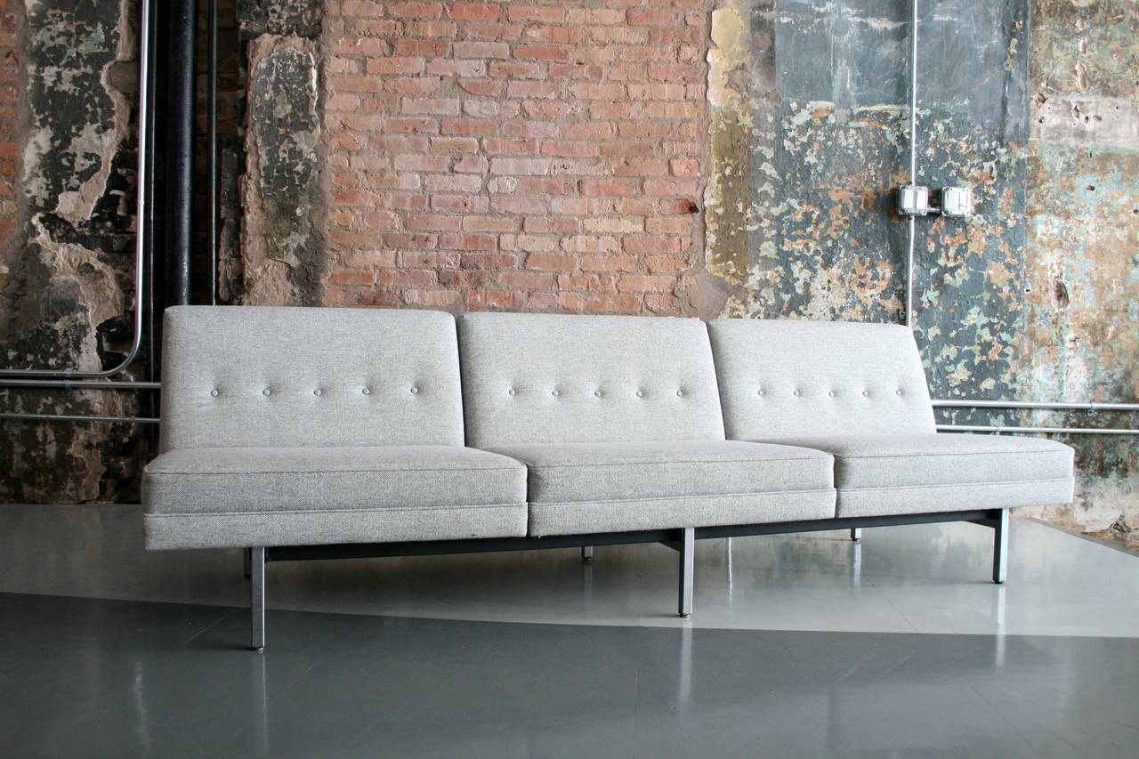 George Nelson for Herman Miller Modular Sofa recently redone in a wonderful Grey Maharam Wool Fabric. Steel legs and frame. Very solid construction.