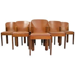 Silvio Coppola Set of Eight Italian Walnut and Leather Dining Chairs for Bernini