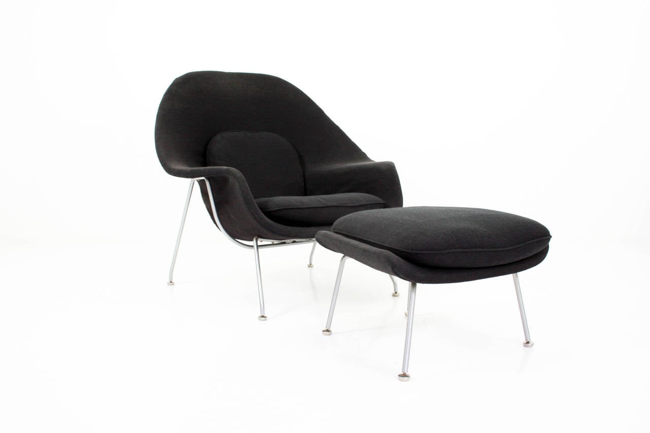 Early Eero Saarinen Womb Chair and Ottoman professionally reupholstered  in Grey Knoll Cato fabric.