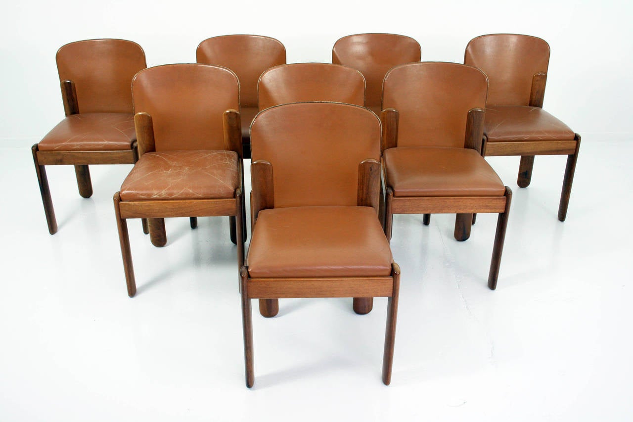 Silvio Coppola Set of Eight Italian Walnut and Leather Dining Chairs for Bernini 1