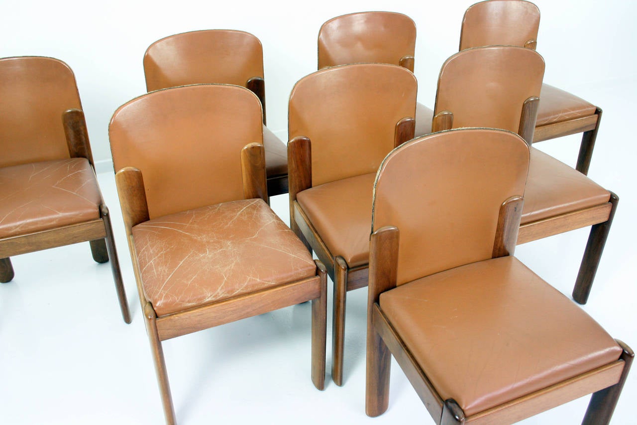 Mid-20th Century Silvio Coppola Set of Eight Italian Walnut and Leather Dining Chairs for Bernini