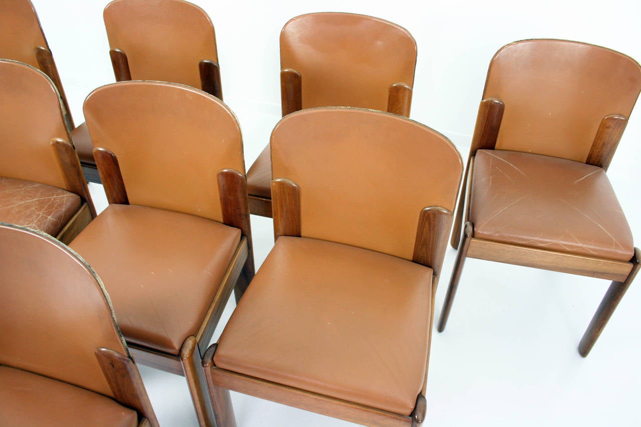 Mid-Century Modern Silvio Coppola Set of Eight Italian Walnut and Leather Dining Chairs for Bernini