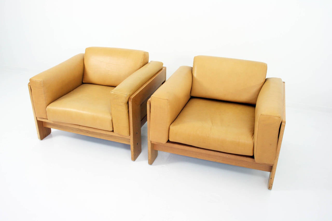Mid-20th Century Afra & Tobia Scarpa Bastiano Leather Club Lounge Chairs, Gavina, 1968