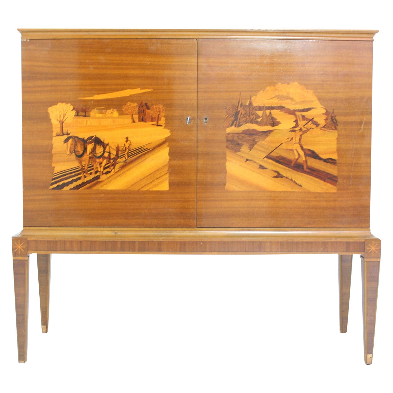 Swedish Art Deco Intarsia Bar Cabinet of Golden Elm