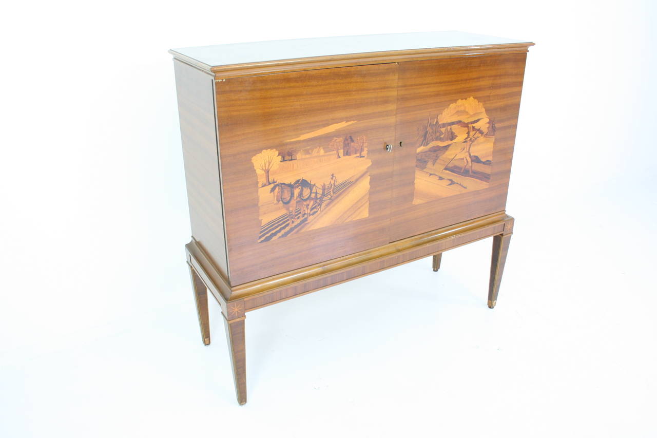 Inlay Swedish Art Deco Intarsia Bar Cabinet of Golden Elm